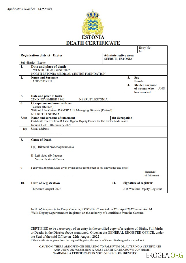 Modèle Word et PDF de certificat de décès d'Estonie